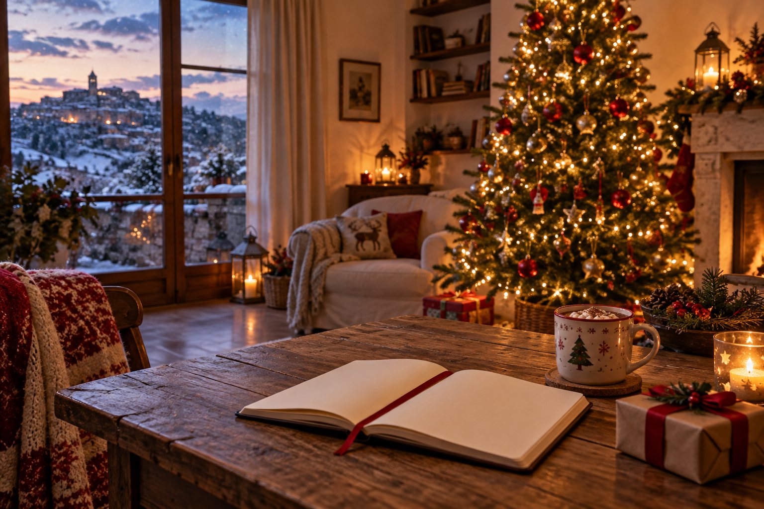 Soggiorno natalizio con albero illuminato, regali e un diario aperto per raccontare il Natale.