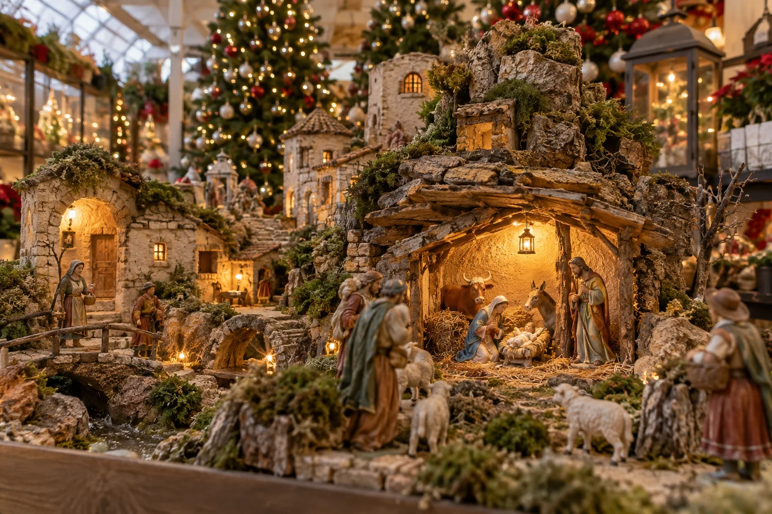 Ricostruzione illustrativa di un presepe tradizionale con capanne, statuine e luci calde